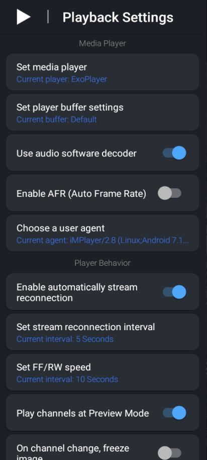 Settings > Playback Settings hosts various playback options such as media player (EXO/VLC), Stream connectivity and more. 